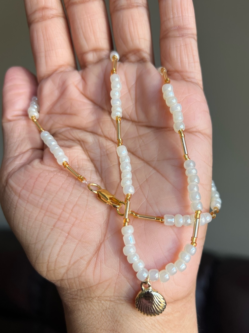Gold & White Pearl Beaded Shell Pendant Necklace